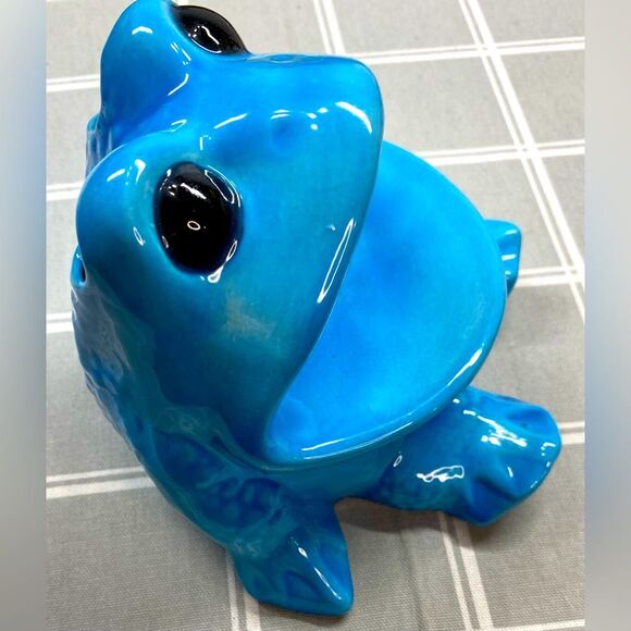 Vtg Ceramic 70s Blue Frog Toothbrush Soap Dish Bathroom Kitchen Air Planter - Picture 2 of 6